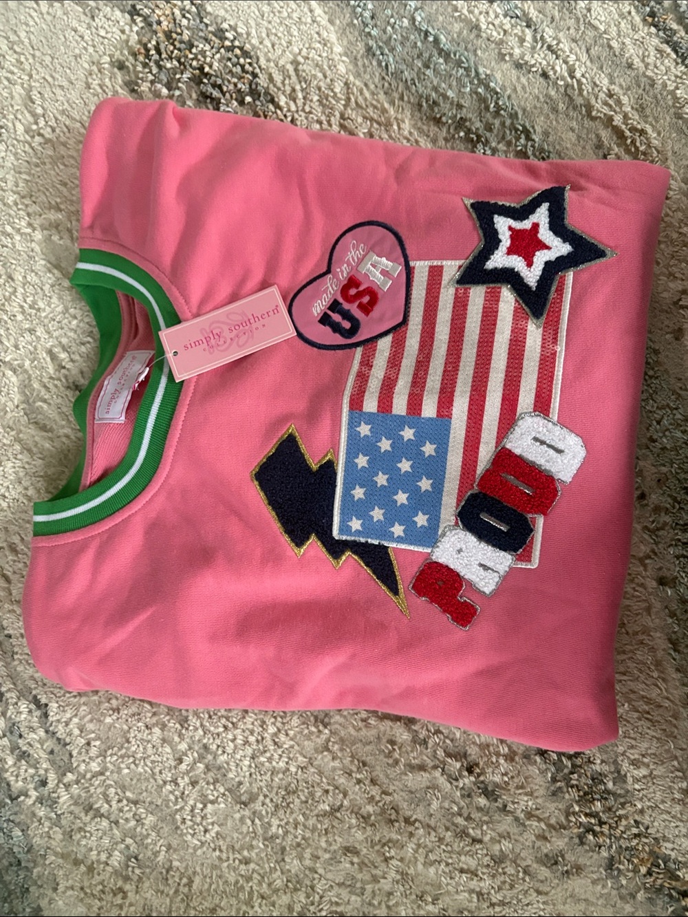 Simply Southern Pink Tee with Patriotic Patchwork and Green Trim